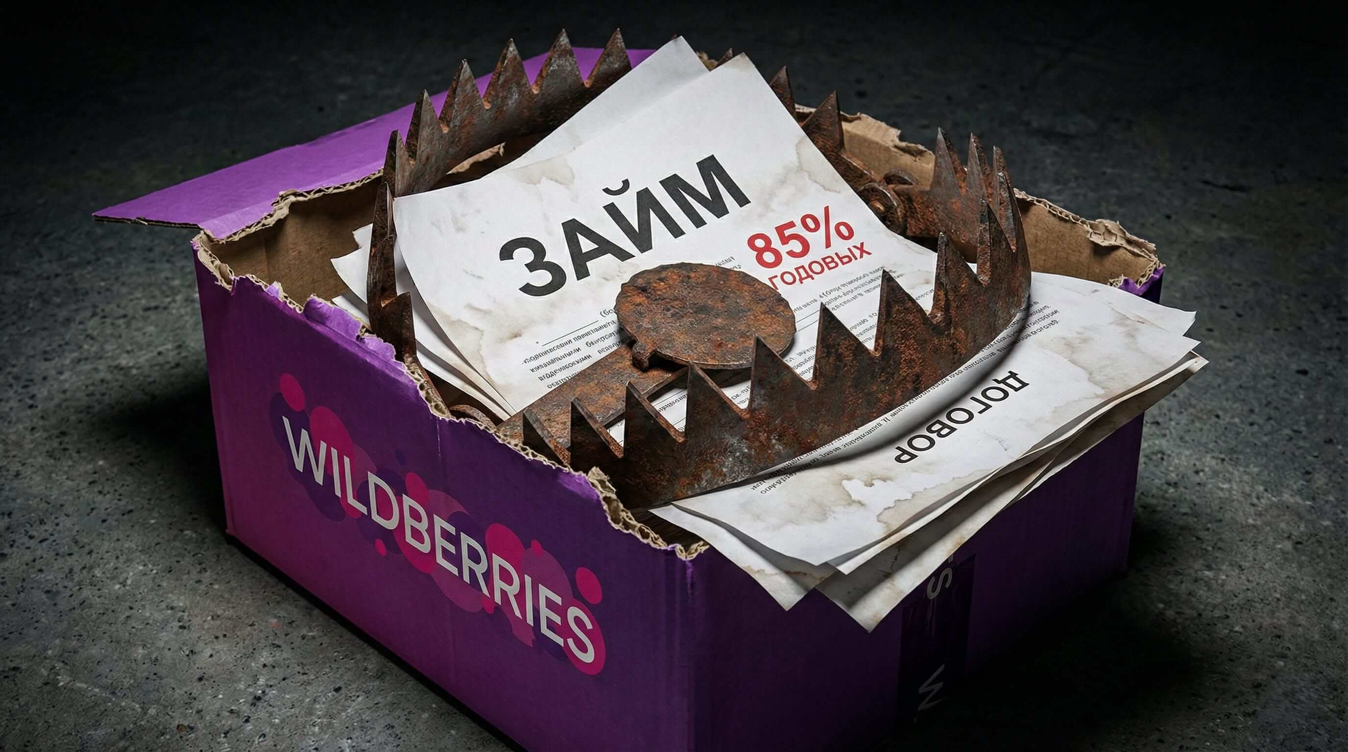 Раскрытая фиолетовая посылка Wildberries с вырывающимися документами «ЗАЁМ 279,9% ГОДОВЫХ» и стальным медвежьим капканом — визуальная метафора долговой ловушки для потребителей.