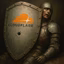 A wounded knight in armor slumped in defeat, holding a large shield with the Cloudflare logo that has been pierced by a bullet hole.
